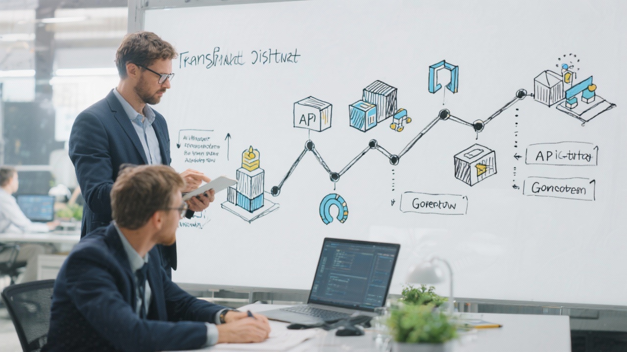Digital strategist sketches transformation roadmap with modular architecture icons, API gateways, and governance milestones while IT manager references enterprise application inventory in collaborative workspace.