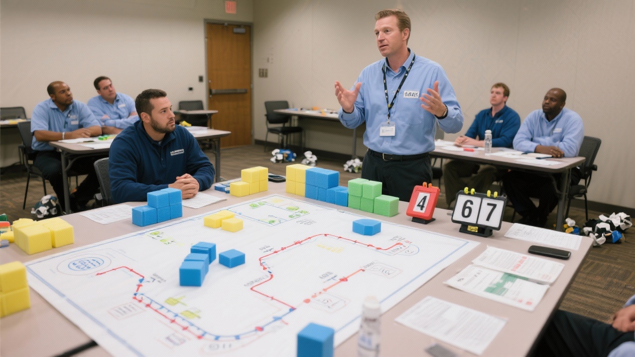 Process coach leads Lean Six Sigma simulation using value stream maps, foam blocks, and takt counters while frontline supervisors discuss waste elimination opportunities in training room.
