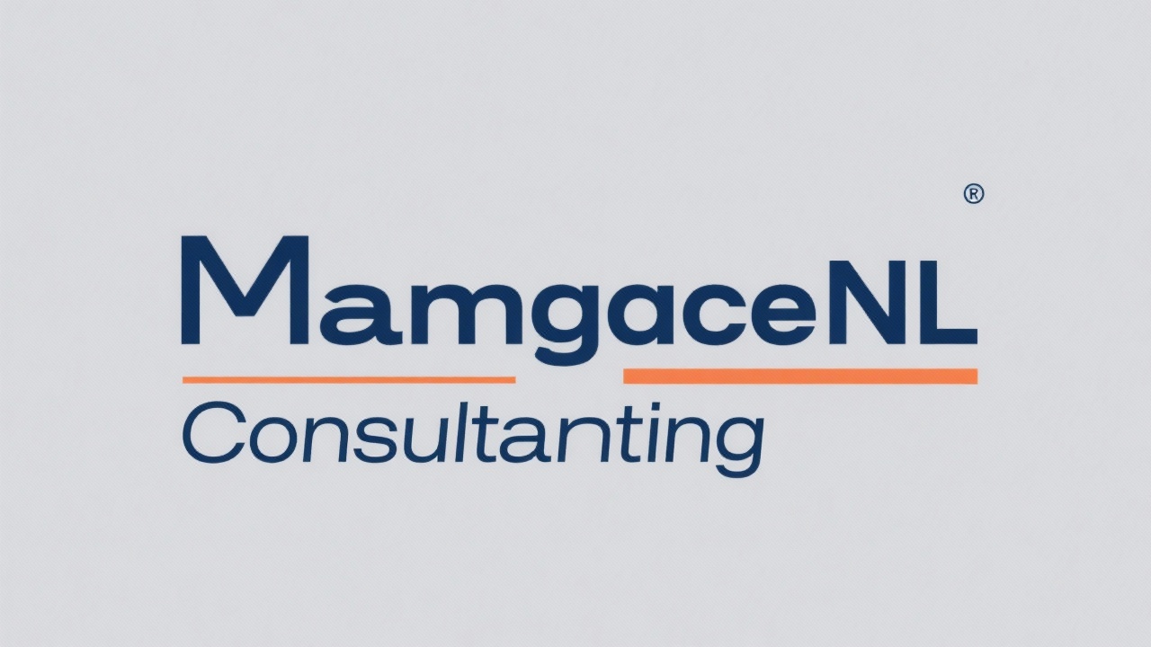 Minimalistic wordmark logo spelling ManageNL Consulting in navy sans-serif typography with subtle orange underline representing clarity, reliability, and forward momentum for Dutch business advisory services.