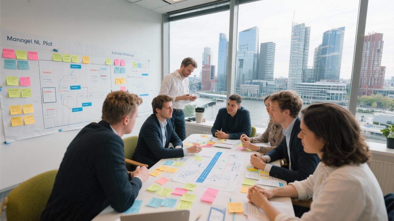 Cross-functional pilot team builds service blueprint using sticky notes, kanban cards, and swimlane diagrams under guidance of ManageNL facilitator in creative workspace overlooking Zuidas skyline.